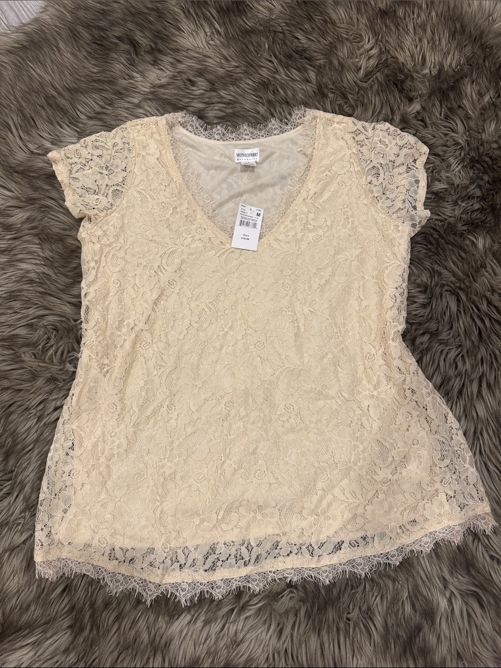 Motherhood Maternity Cream Lace V-Neck Short Sleeve Top